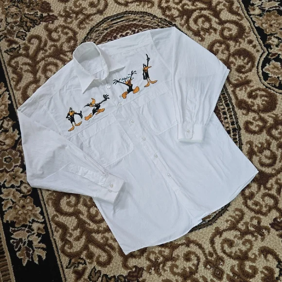 Retro 90s Looney Toons Daffy Duck White Cotton Button Up Shirt Vintage 1990s - Picture 3 of 16